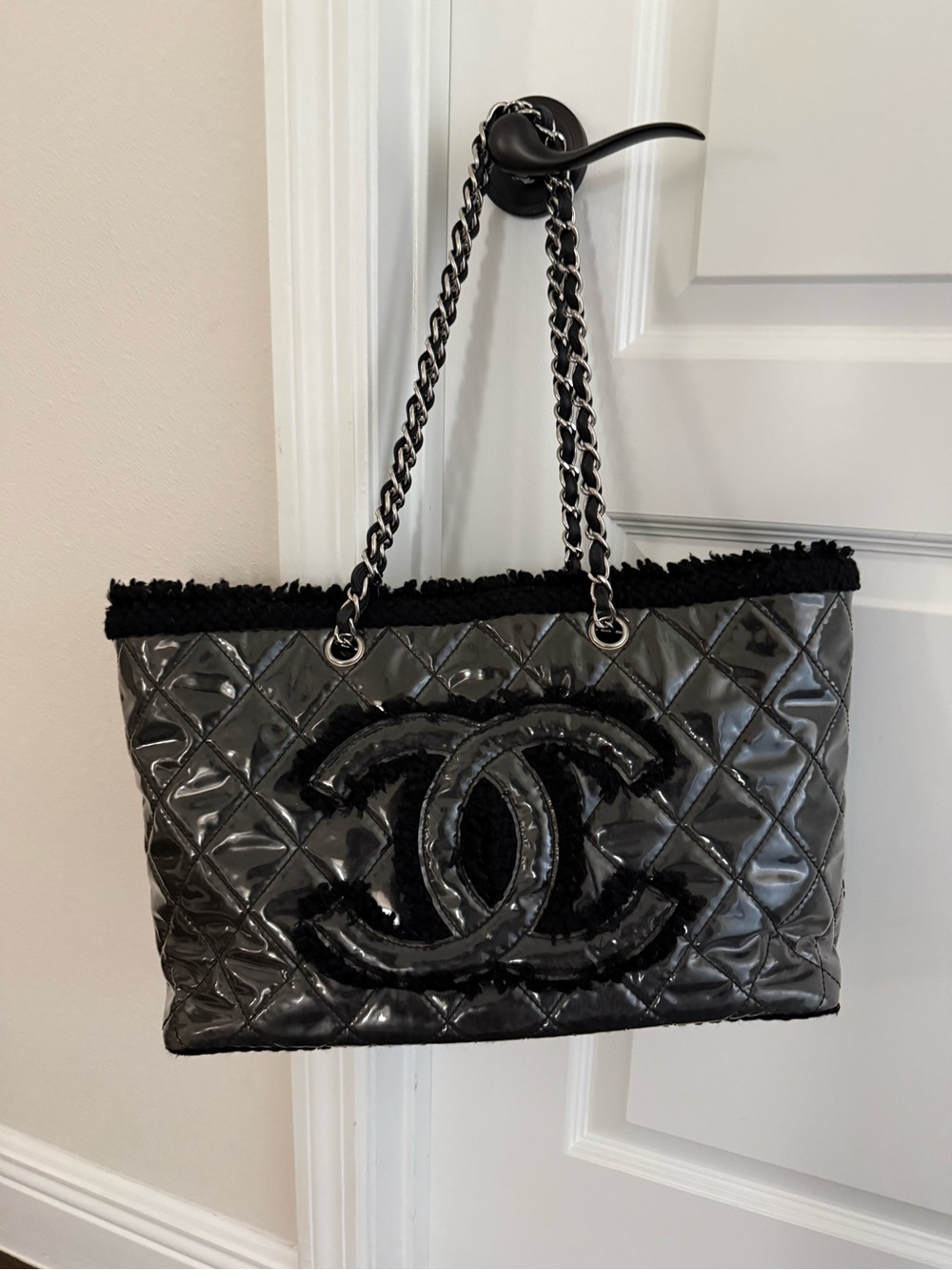 CHANEL Funny Tweed - Black Quilted Patent Leather CC Logo Tote with Chain Straps